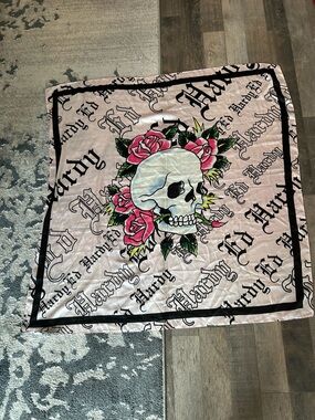 Ed Hardy Pink Rose Skull oversized Square Scarf GUC
